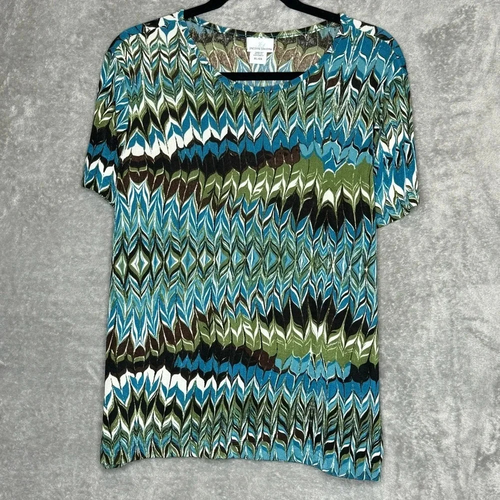 Jaclyn Smith XL Shirt Top Blue Green Geometric Short Sleeve Scoop Neck Stretch